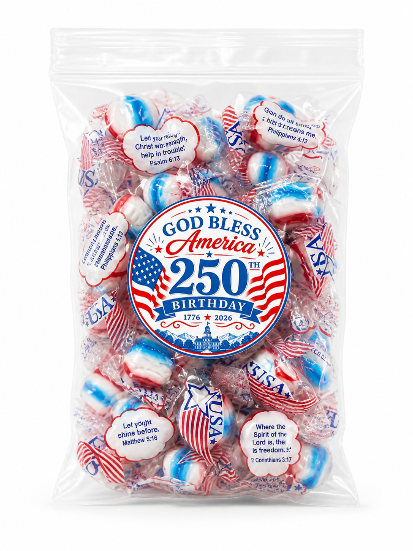 Bag of USA-themed candies with 'God Bless America' and 250th Birthday label.