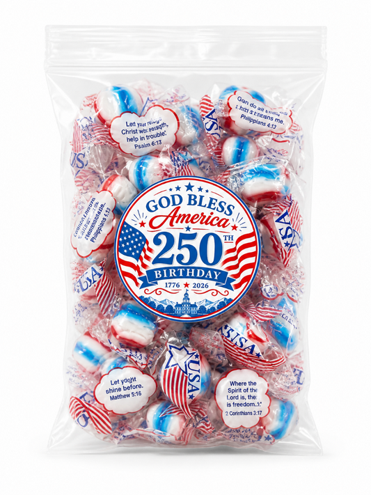 Bag of USA-themed candies with 'God Bless America' and 250th Birthday label.
