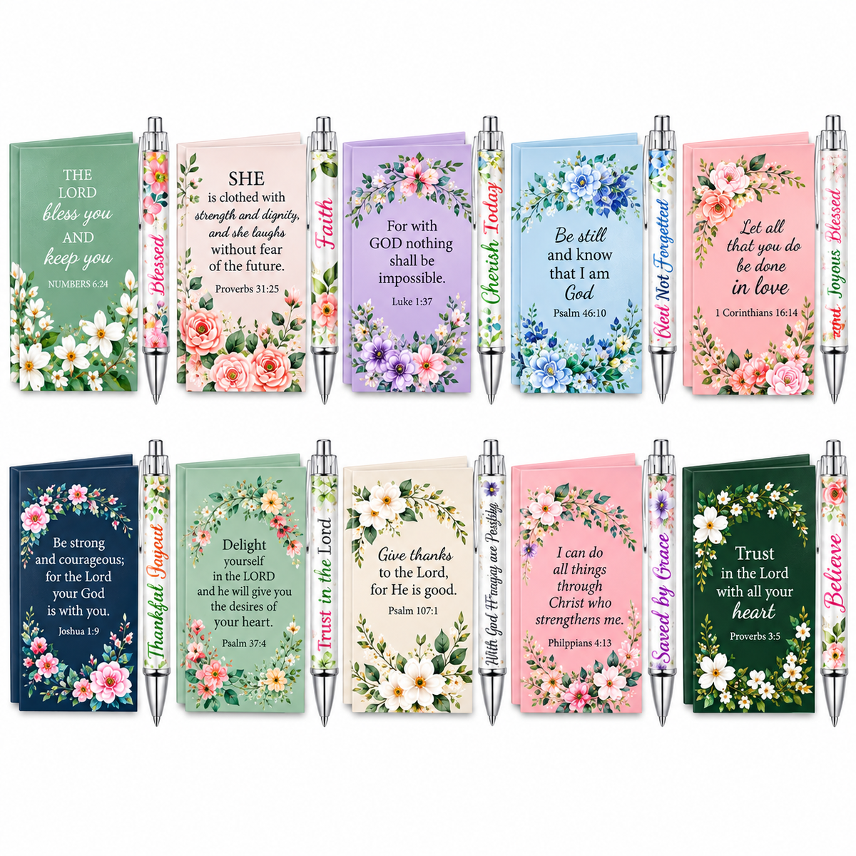 Twelve floral pens and notebooks with Bible verse text are arranged in two rows on a white background. Each card is paired with a silver pen and decorated with different pastel and dark floral designs.