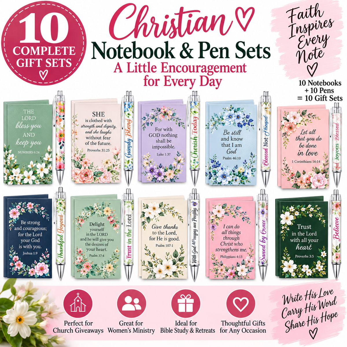 A promotional collage showing multiple Christian notebook and pen gift sets arranged in a grid on a light pink background. The image includes text callouts such as '10 Complete Gift Sets,' 'Faith Inspires Every Note,' and product titles like 'The Lord Bless You,' 'She Is Chastened With Strength And Wisdom,' 'For God Nothing Can Be Held Against You,' and 'Be Strong And Endure.