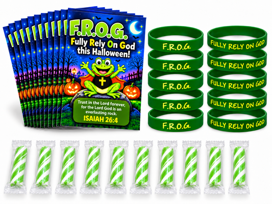 F.R.O.G. Christian Halloween Bundle | 10 Candies, 10 Tracts & 10 Bracelets