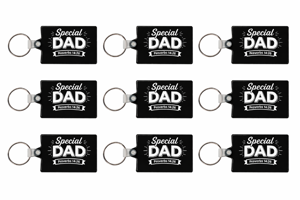 Multiple 'Special Dad' keychains displayed on a white background
