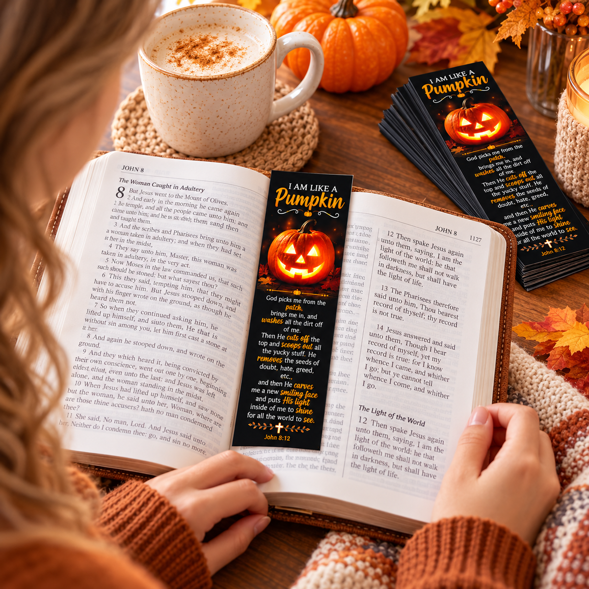 Close-up of the full text of the I Am Like a Pumpkin prayer printed on glossy fall-colored cardstock.