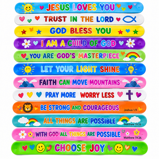 A set of 15 colorful plastic wristbands with inspirational Bible verses and religious symbols, arranged vertically on a plain white background.
