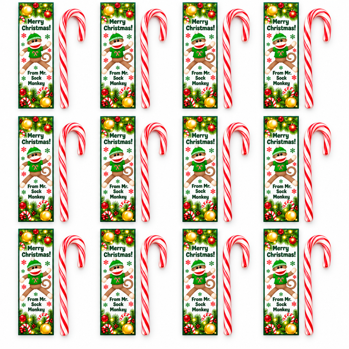 Set of 12 Christmas sock monkey bookmarks with red and white candy canes, featuring Merry Christmas greetings. Perfect for kids' classroom gifts, church Christmas parties, holiday favors, and stocking stuffers.