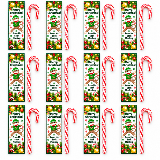 Set of 12 Christmas sock monkey bookmarks with red and white candy canes, featuring Merry Christmas greetings. Perfect for kids' classroom gifts, church Christmas parties, holiday favors, and stocking stuffers.