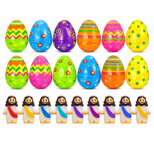 Colorful Easter eggs and small figures on a white background