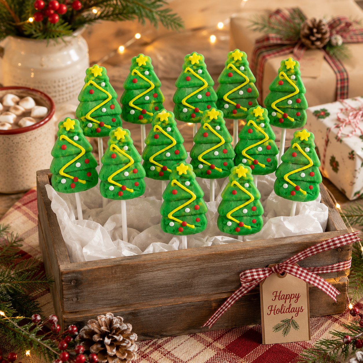 A set of 12 Christmas tree-shaped cake pops decorated in green, yellow, red, and white icing, displayed in a rustic wooden box with white tissue paper and a 'Happy Holidays' tag. The box is surrounded by holiday decorations including pinecones, wrapped gifts, and a pot of marshmallows.