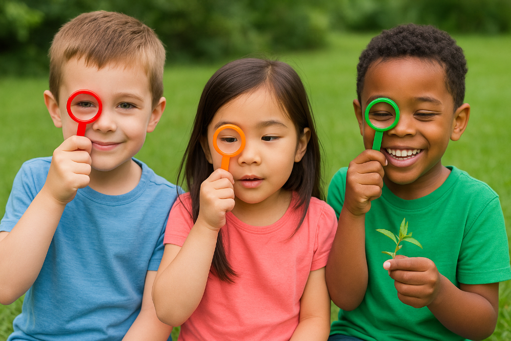 Three children outdoors, each holding a colorful magnifying glass or tool, with a green background.