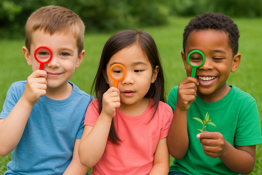 Three children outdoors, each holding a colorful magnifying glass or tool, with a green background.