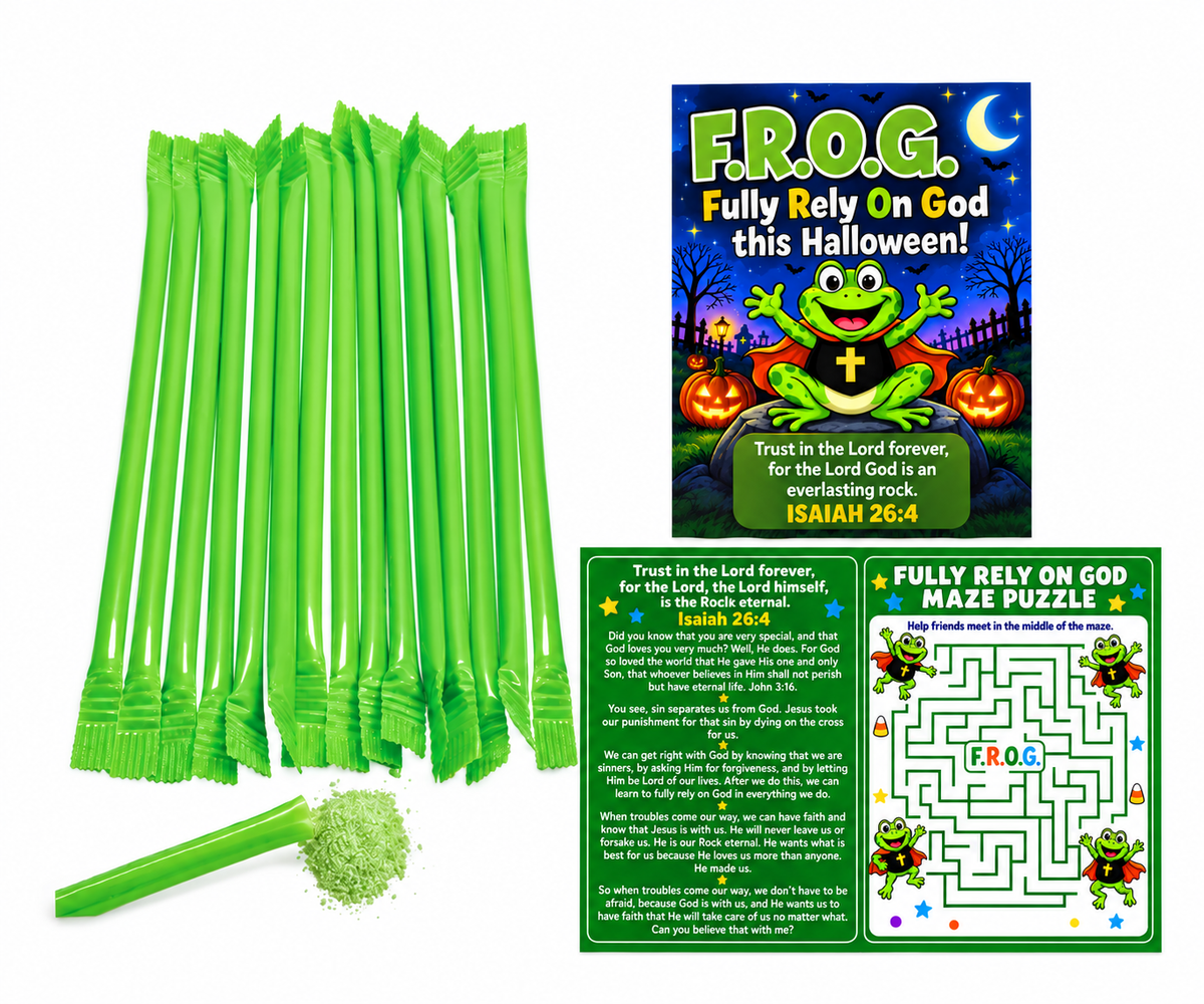 200 Bulk Christian F.R.O.G. Halloween Tract & Candy Straw Sets | Fully Rely On God