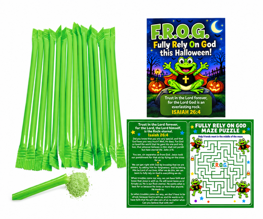 200 Bulk Christian F.R.O.G. Halloween Tract & Candy Straw Sets | Fully Rely On God