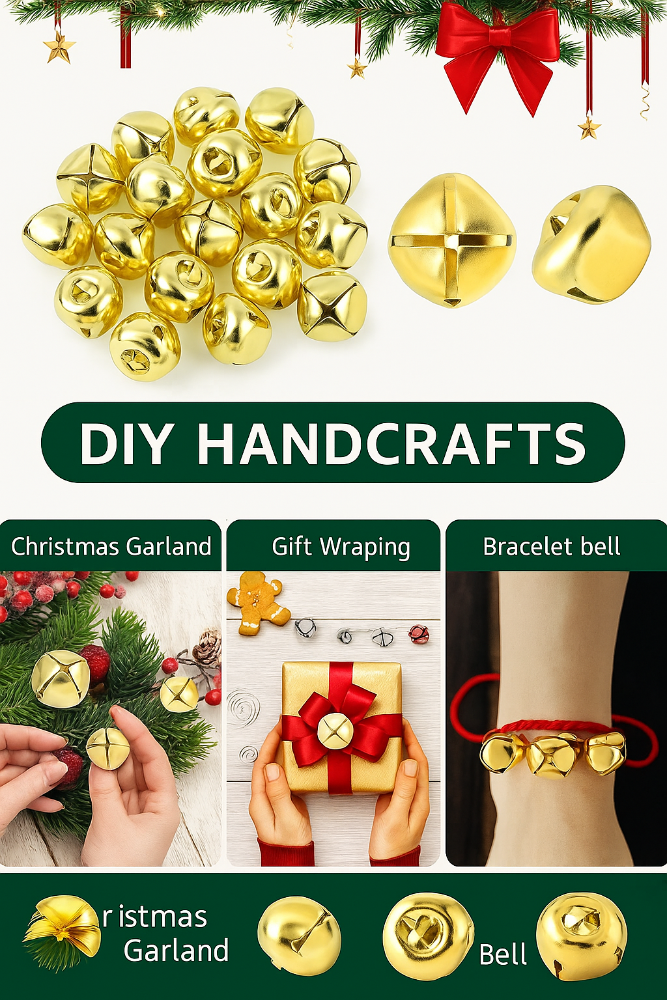 Gold bells with Christmas-themed uses and decorations on a white background