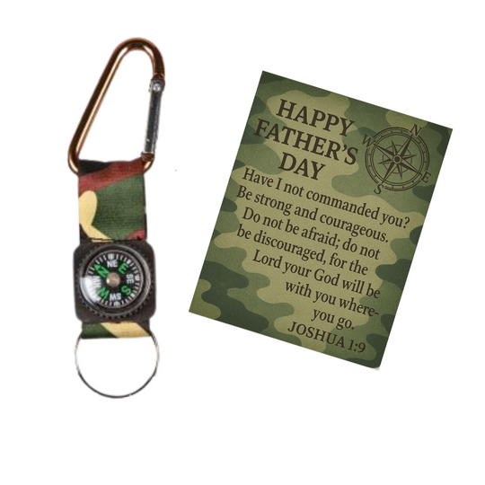 24-Pack Father’s Day Compass Keychains with Joshua 1:9 Camo Cards