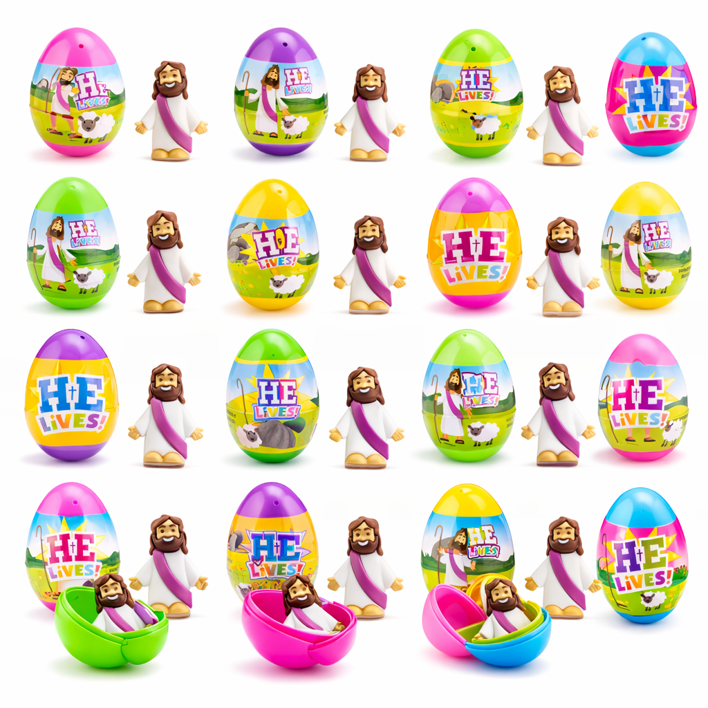 He Lives Easter Eggs 2.5" Pre-Filled with Jesus Toy – 24 Pack