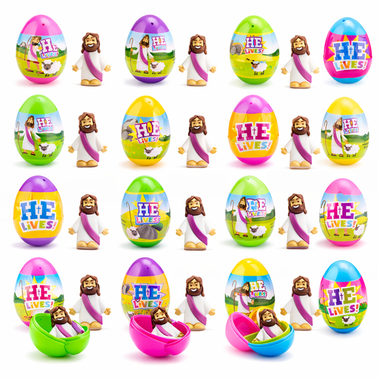 He Lives Easter Eggs 2.5" Pre-Filled with Jesus Toy – 24 Pack