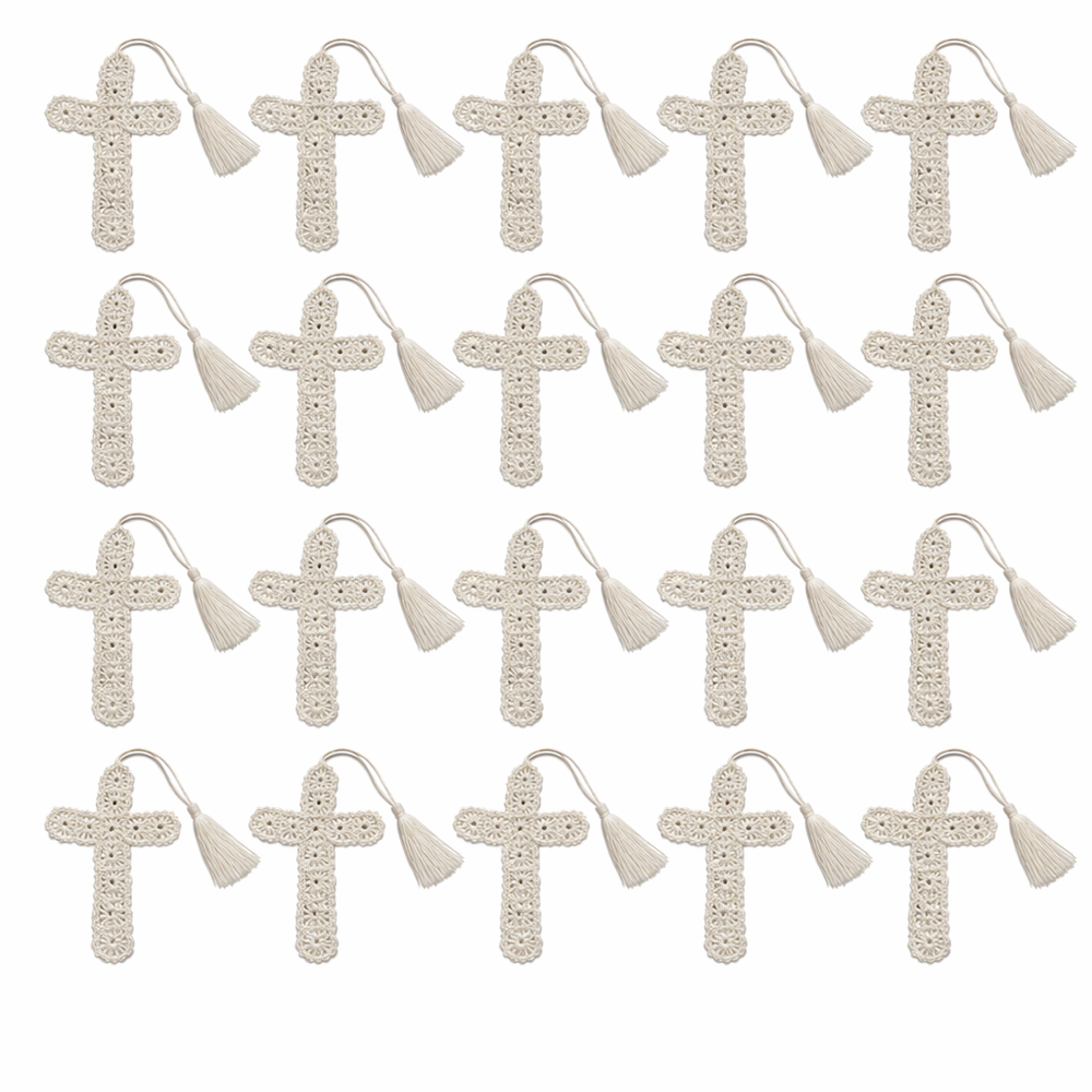 crocheted cross bookmarks with tassels on a white backgrounds