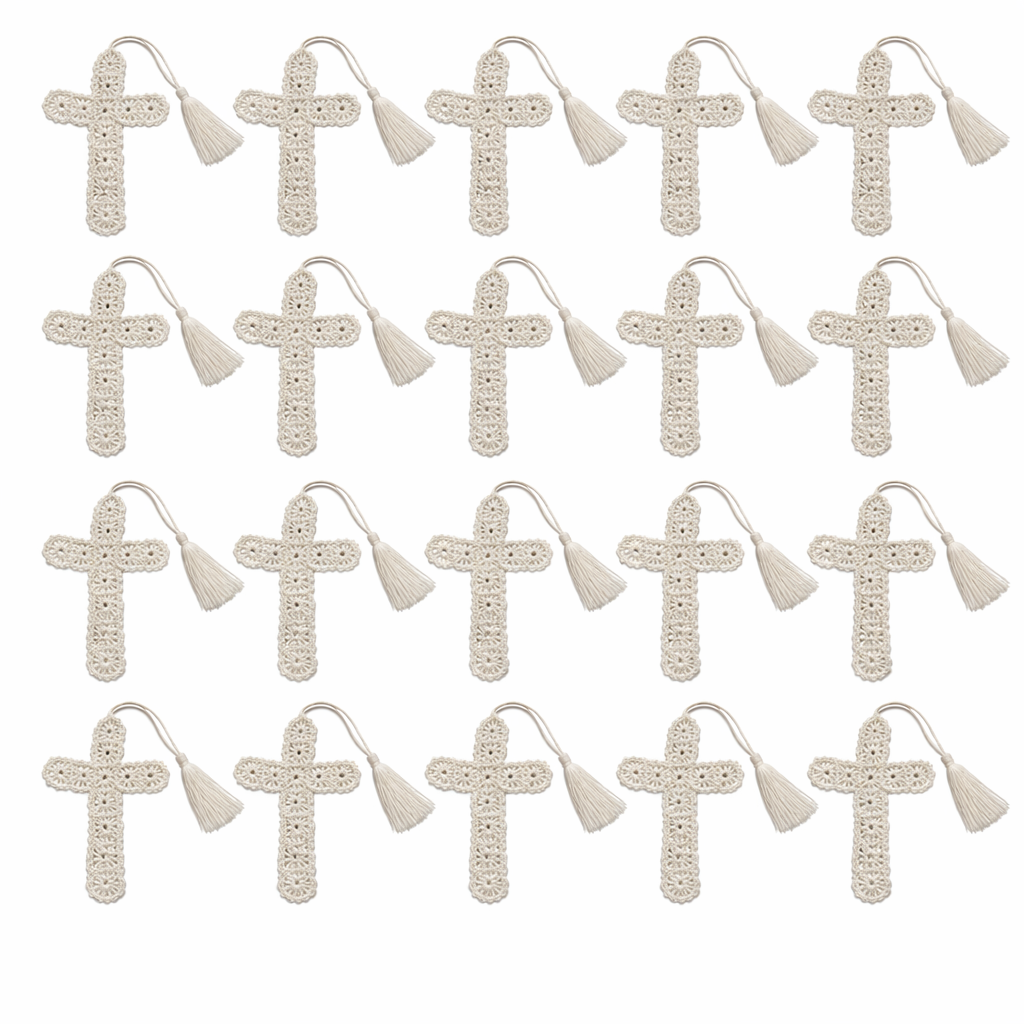 crocheted cross bookmarks with tassels on a white backgrounds