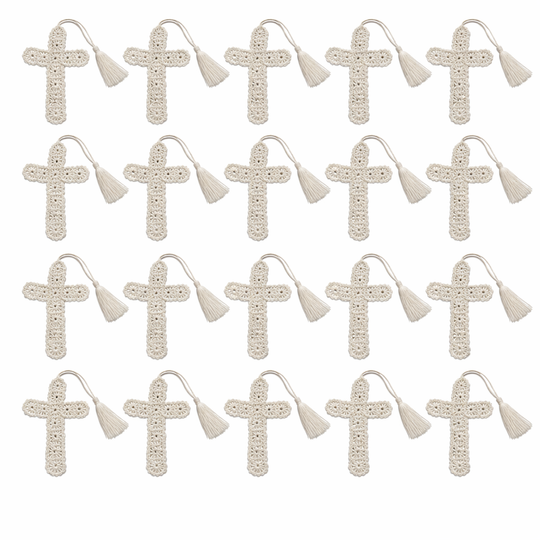 crocheted cross bookmarks with tassels on a white backgrounds