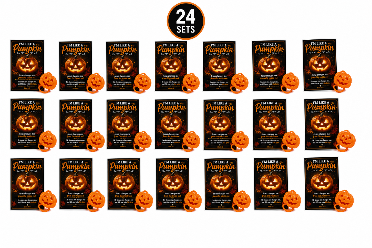 A bulk product display of 24 sets of Halloween party favors, featuring black gift bags with jack-o'-lantern graphics and small orange pumpkin-shaped treats, arranged on a white background with a '24 SETS' badge at the top.