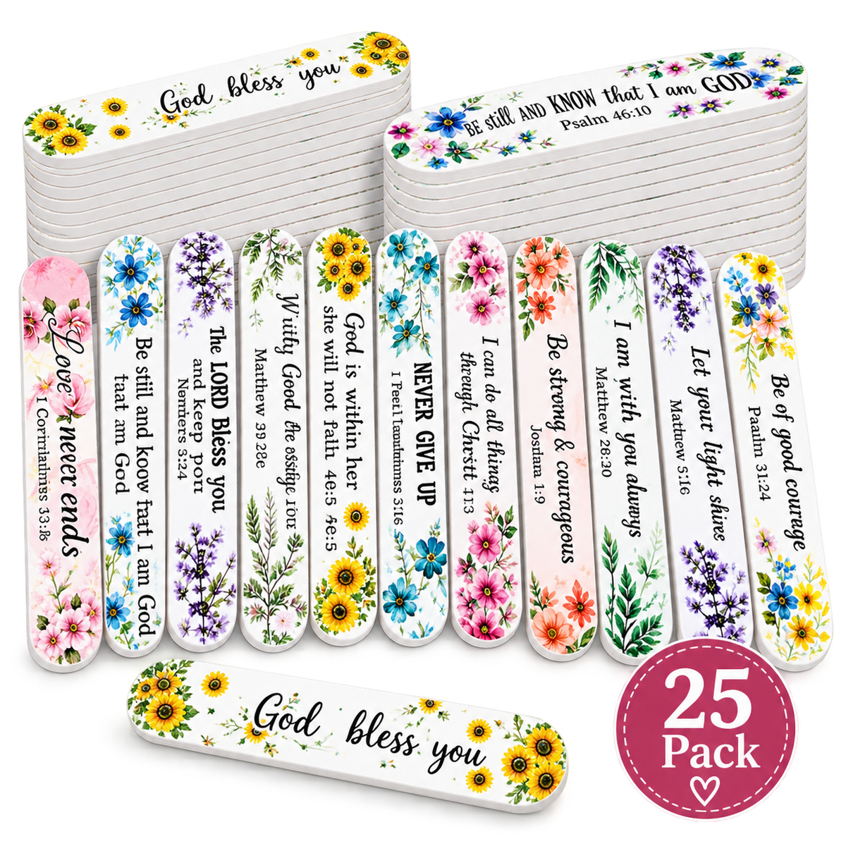 A 25-pack of bible verse nail files for women featuring various colorful floral designs and Bible verses, displayed on a clean white background with a pink '25 Pack' badge.