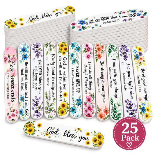 A 25-pack of bible verse nail files for women featuring various colorful floral designs and Bible verses, displayed on a clean white background with a pink '25 Pack' badge.