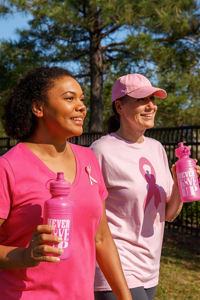 Two women holding pink breast cancer water bottles with a visible brand logo, standing outdoors.