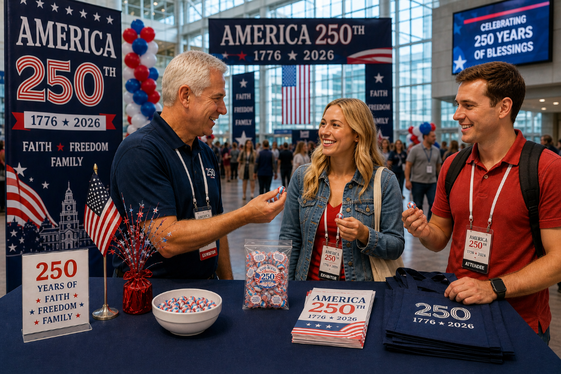 People interacting at an event celebrating America's 250th anniversary with promotional materials and flags.