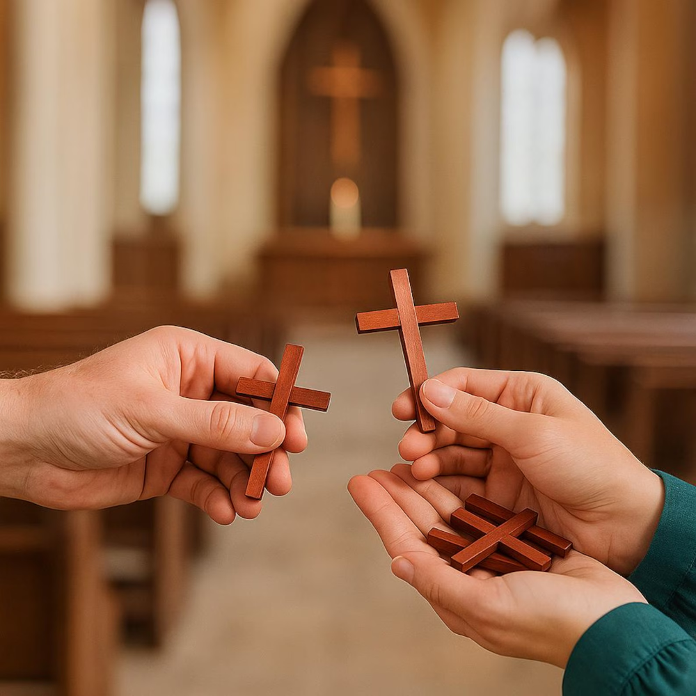 Two hands holding wooden crosses in a church setting