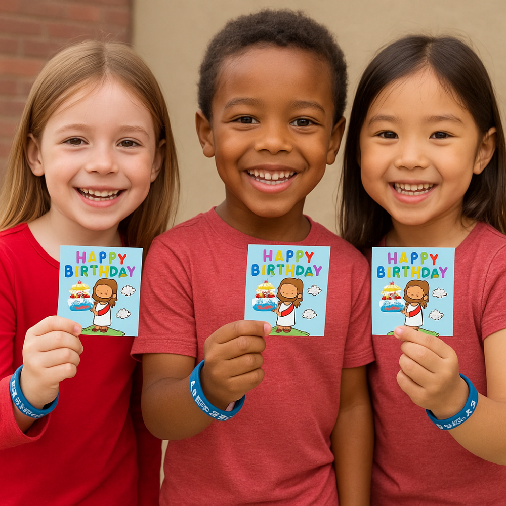 3 kids holding Happy Birthday Jesus cards wearing bracelets