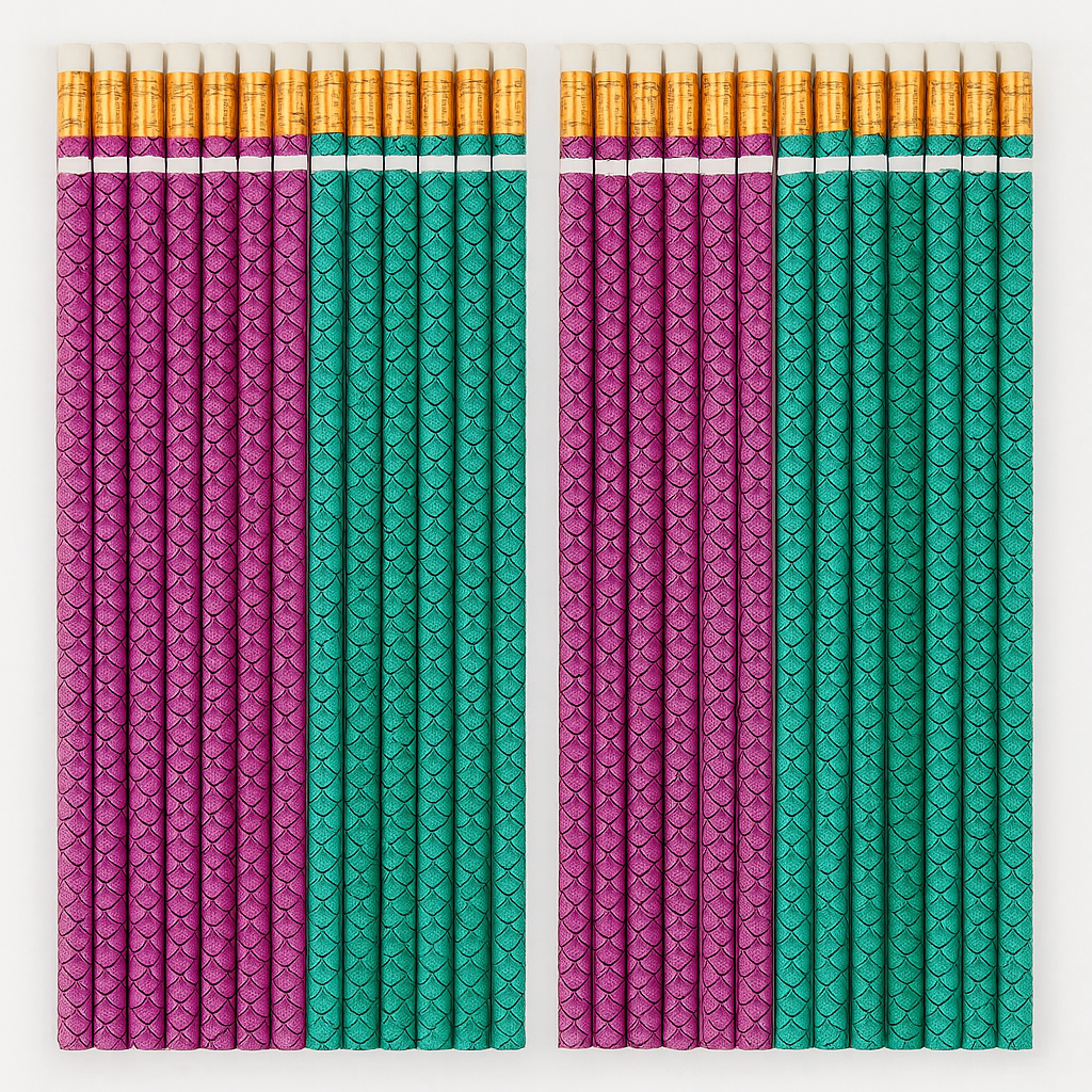 Two sets of mermaid pencils with pink and green patterns on a white background