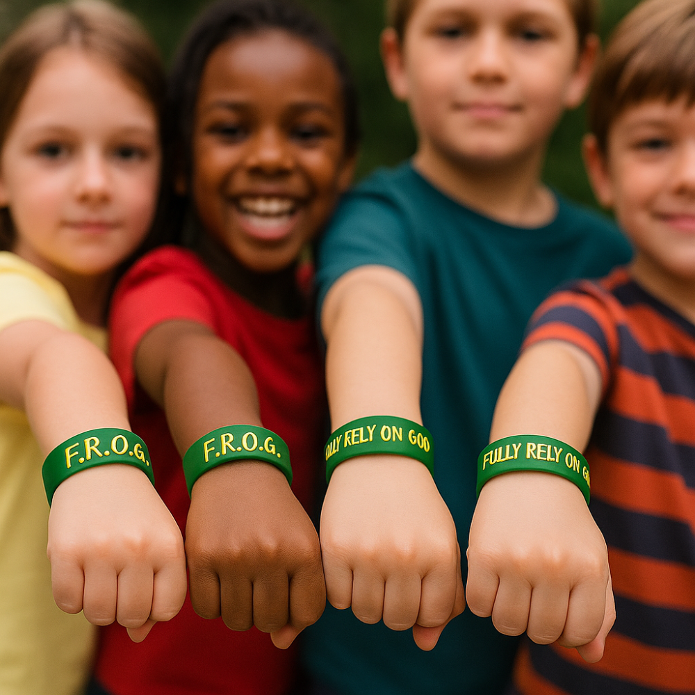 kids wearing fully rely on God green bracelets