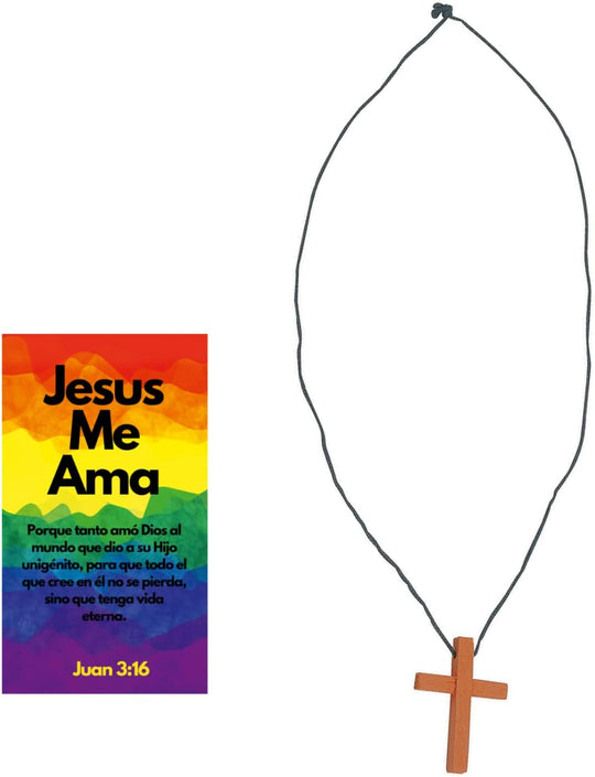 12 Sets of Bulk Spanish Jesus Loves Me, Jesus Me AMA, Juan 3:16, Wooden Cross Necklaces with Spanish Bookmark Pocket Cards
