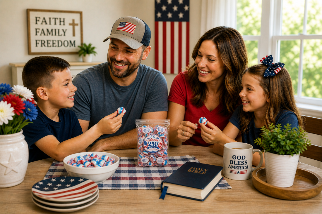 Family of four gathered around a table with patriotic decor, including a book and 'God Bless America' mug.