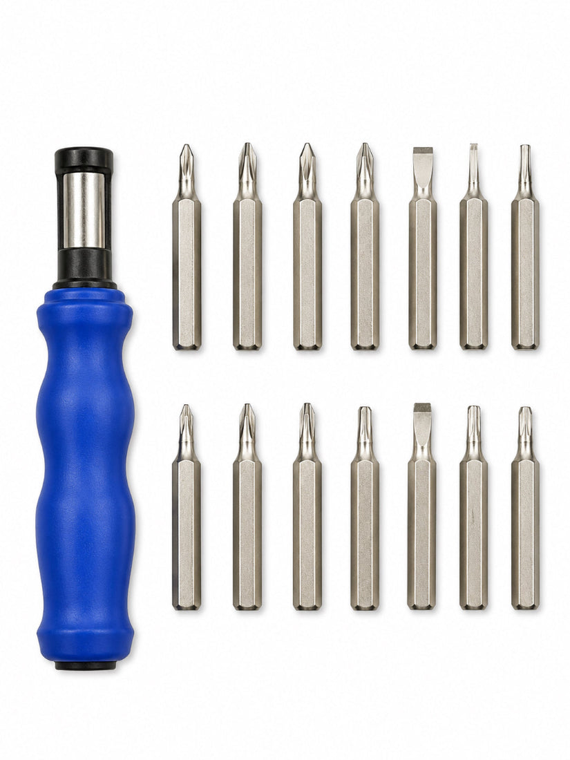 Man of God Blue screwdriver set with multiple drill bits on a white background