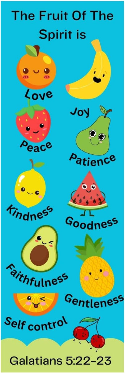 Fruit of the spirit bookmark for kids blue with cute fruit faces on them