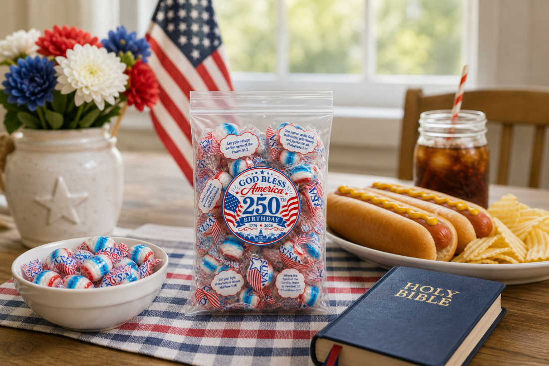 Table setting with candy, hot dogs, chips, and a Bible, featuring an American flag and patriotic decor.