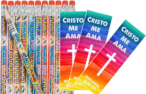 Spanish Version 24 Sets 48 Pieces of Jesus Loves Me Cristo Me Ama Bookmarks with Wooden "Cristo Me Ama" Christian Pencils