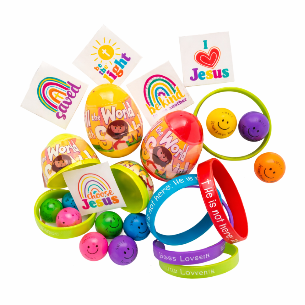 Colorful religious-themed toys and accessories on a white background