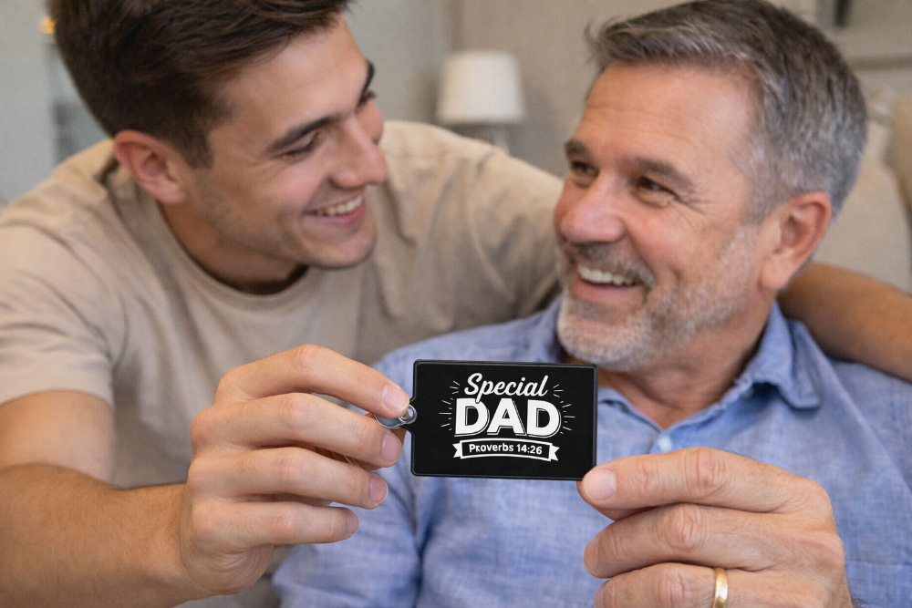 Two men holding a key with a 'Special Dad' tag, smiling and looking at each other.