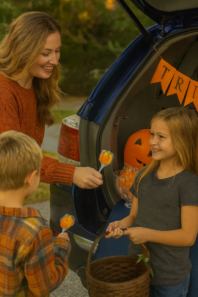 Woman and two children by an open car trunk with Halloween decorations and candy.
