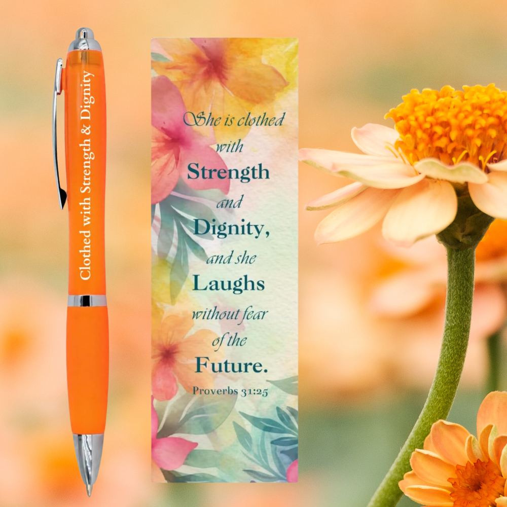 An image featuring an orange pen with the inscription 'Strength and Dignity' and a floral bookmark.