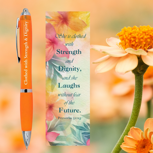 An image featuring an orange pen with the inscription 'Strength and Dignity' and a floral bookmark.