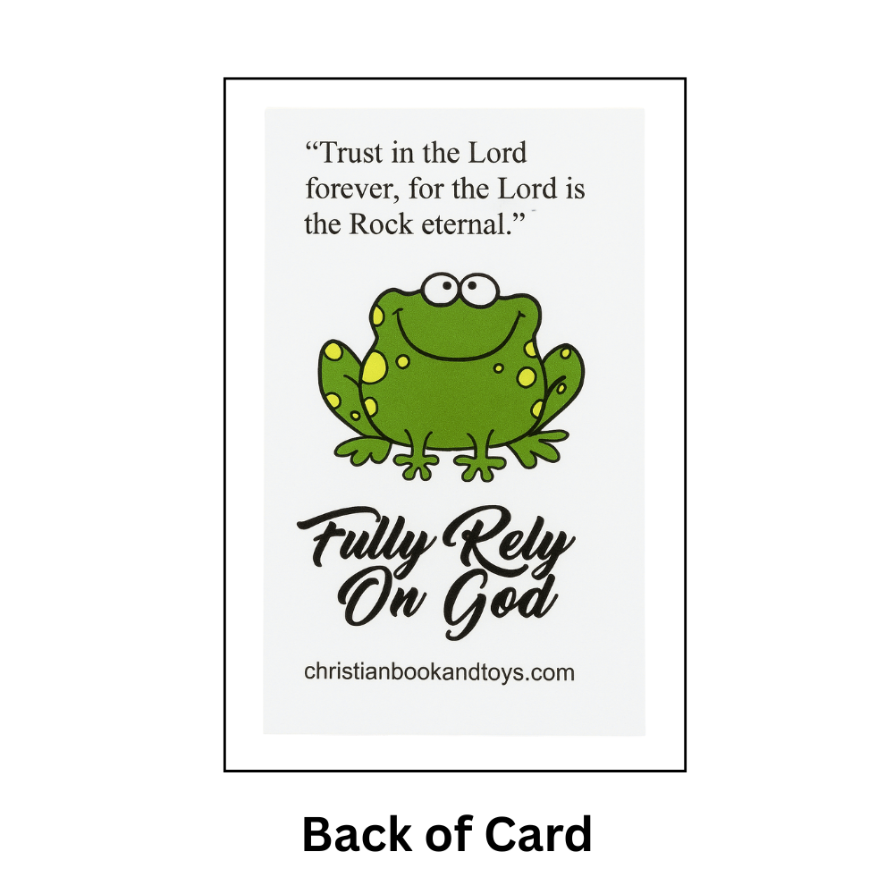 Card with a green frog illustration and religious text on a white background