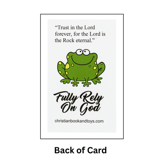 Card with a green frog illustration and religious text on a white background
