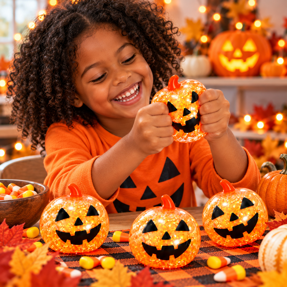 Black child smiling while playing with a glitter pumpkin squishy toy at a Halloween table