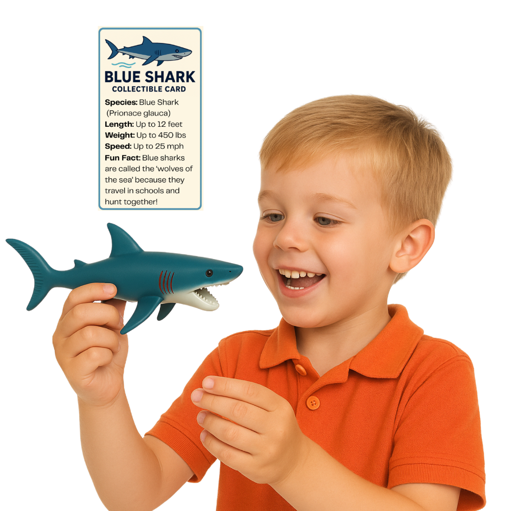 Child holding shark with greeting card