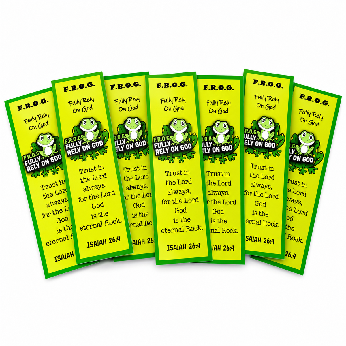Bulk set of 10 fully Rely on God frog lapel pins with F.r.o.g. bookmarks.