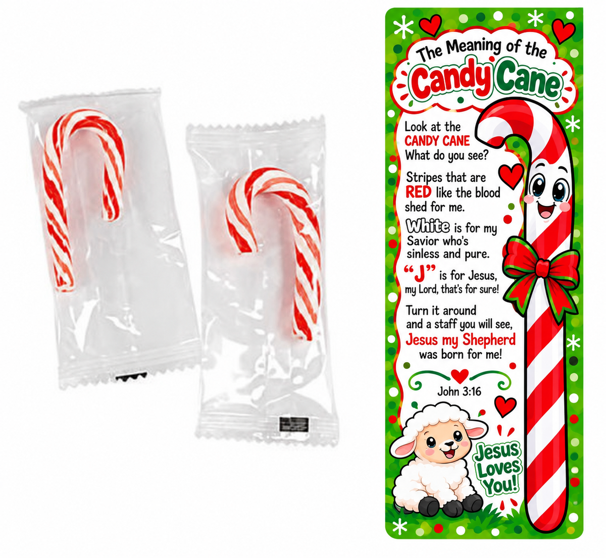 Two individually wrapped mini candy canes beside a green ‘The Meaning of the Candy Cane’ bookmark with a Christian poem and cartoon lamb.
