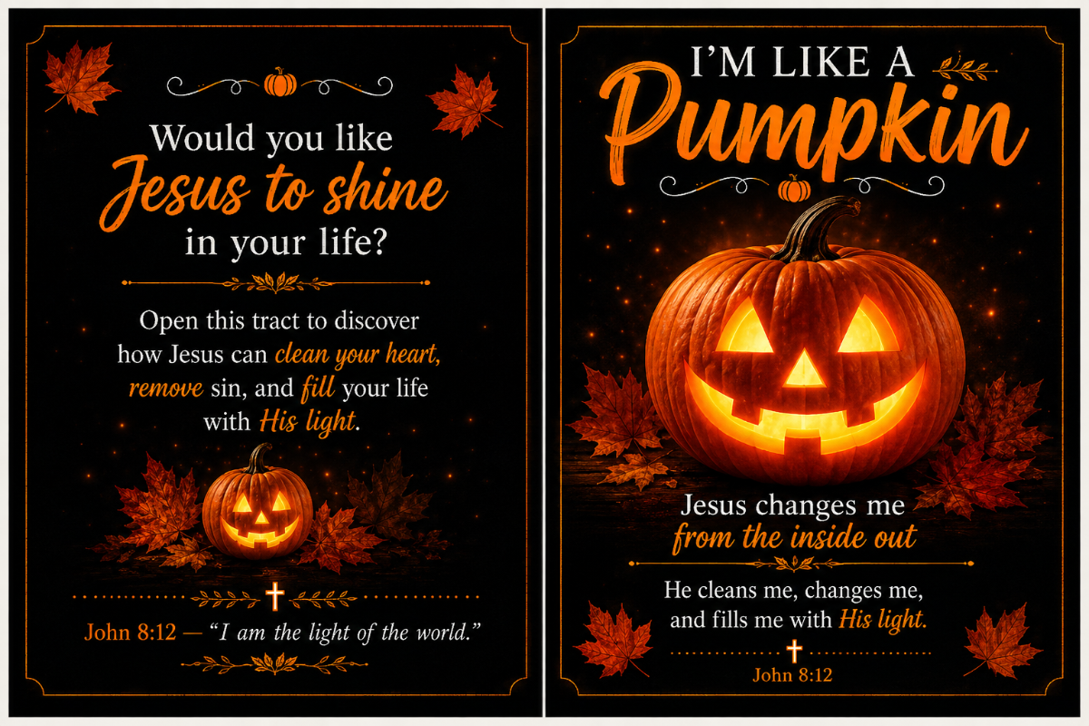 I am like a pumpkin Gospel tract shown on a black background. The left bible tract reads, 'Would you like Jesus to shine in your life?' with orange lettering, autumn leaves, and a small pumpkin illustration.